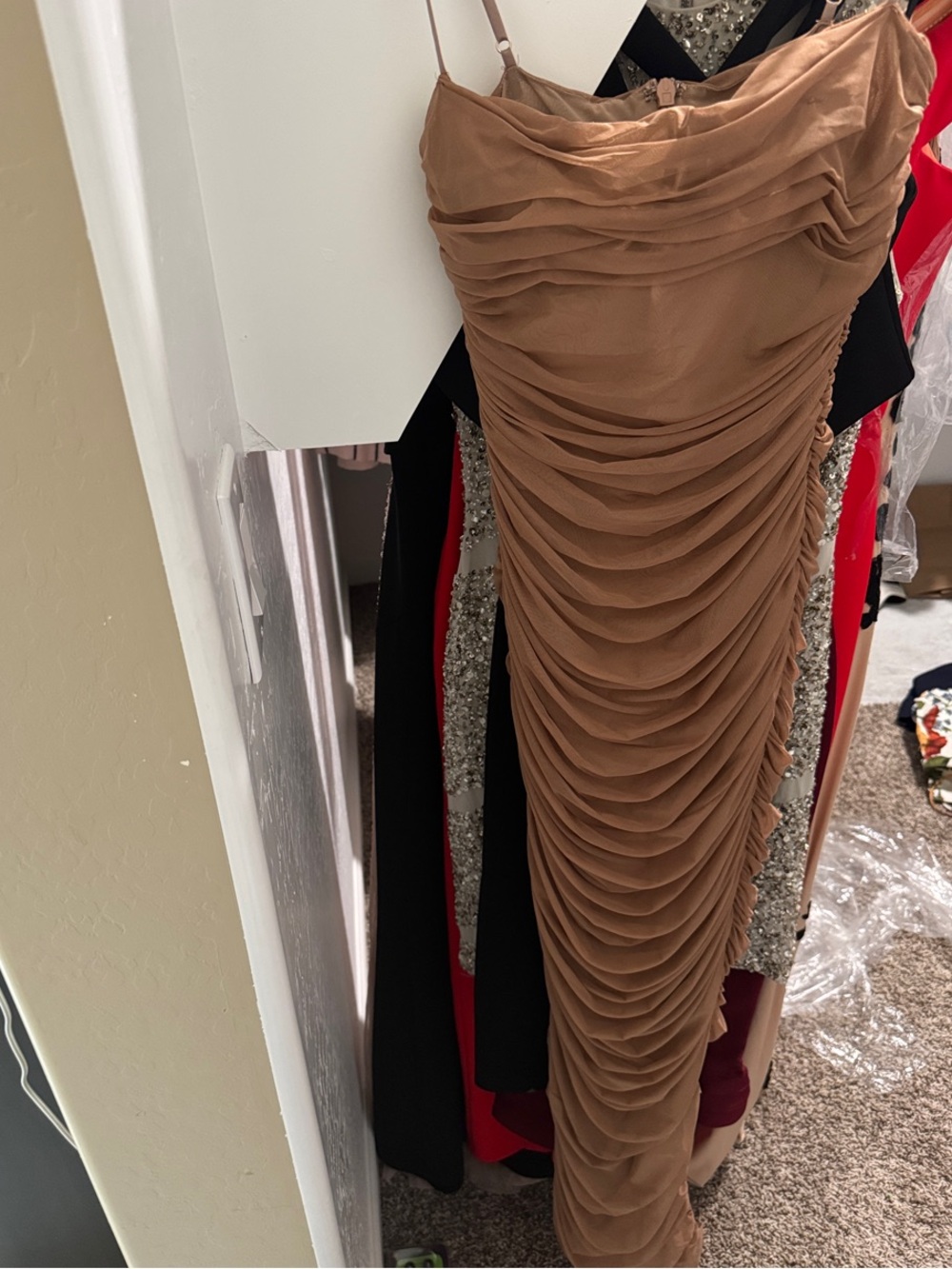 House of CB Camel Ruched Strapless Maxi Dress